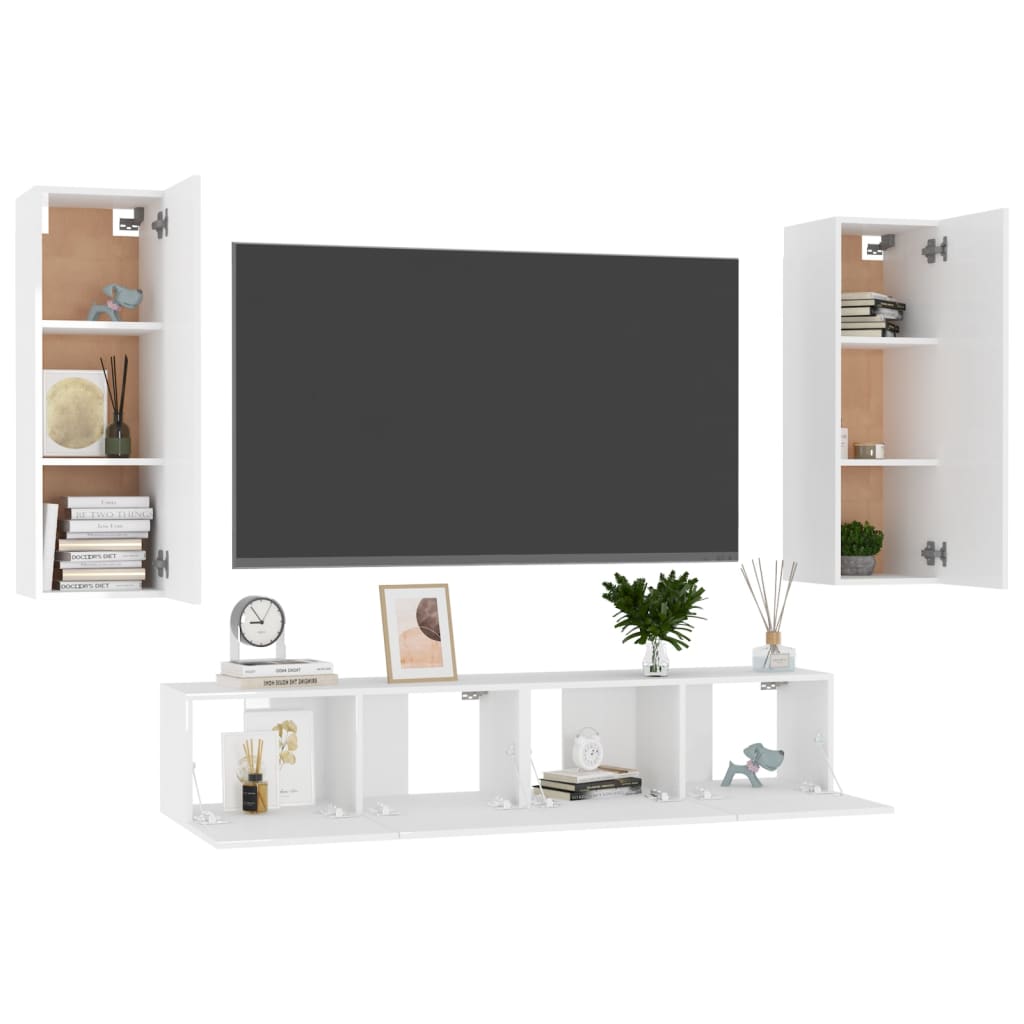 vidaXL 4 Piece TV Cabinet Set High Gloss White Engineered Wood