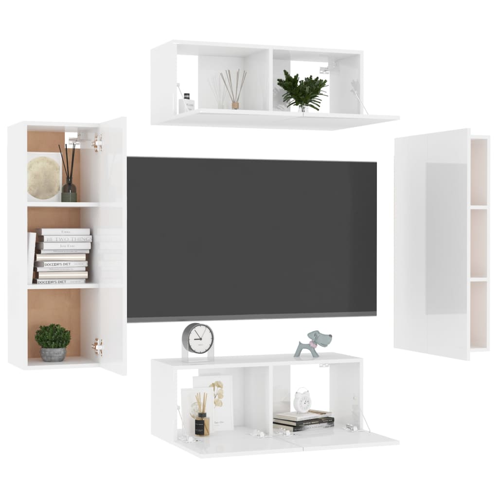 vidaXL 4 Piece TV Cabinet Set High Gloss White Engineered Wood