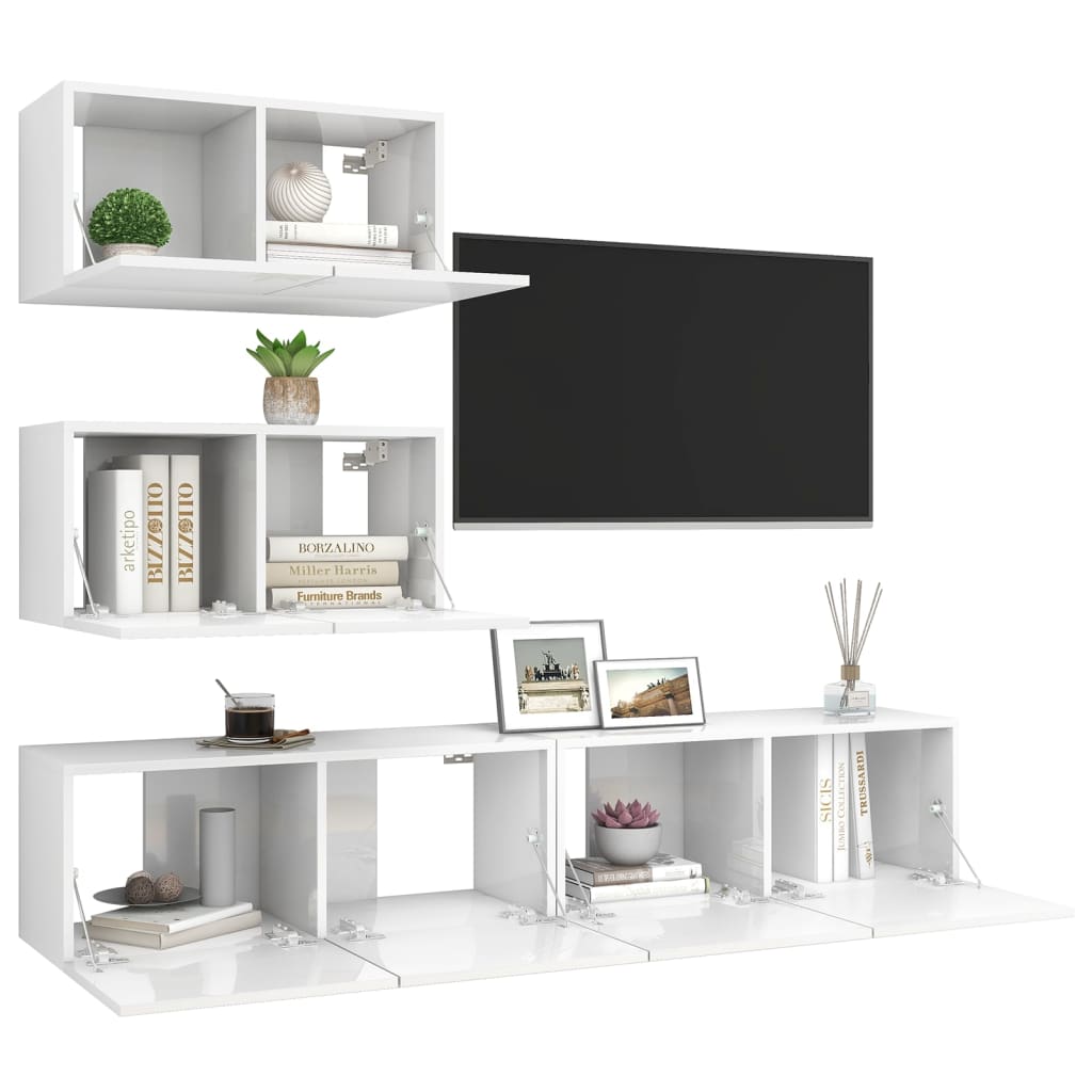 vidaXL 4 Piece TV Cabinet Set High Gloss White Engineered Wood