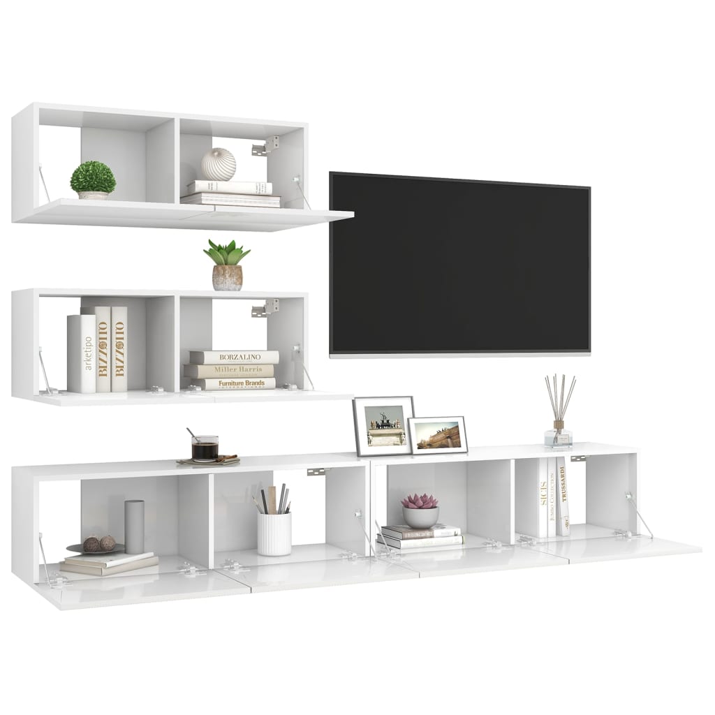 vidaXL 4 Piece TV Cabinet Set High Gloss White Engineered Wood