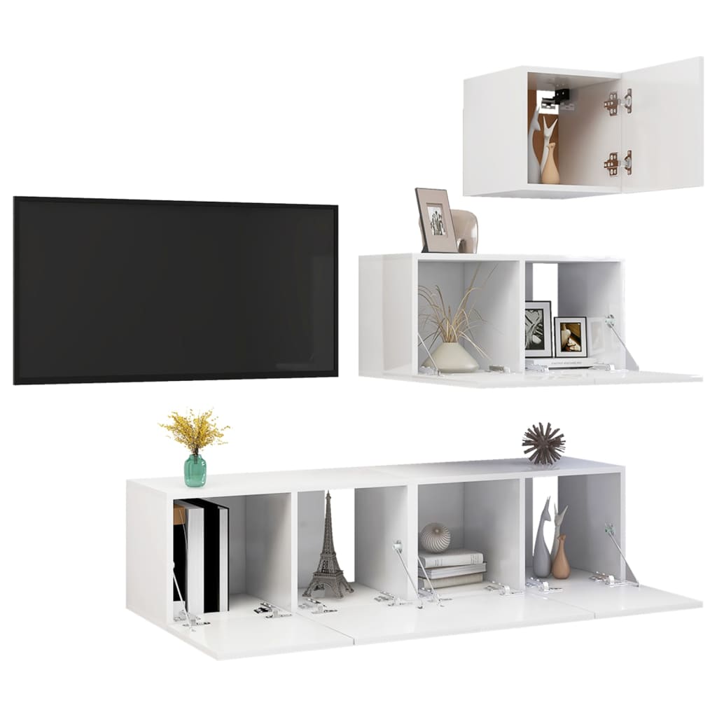 vidaXL 4 Piece TV Cabinet Set High Gloss White Engineered Wood