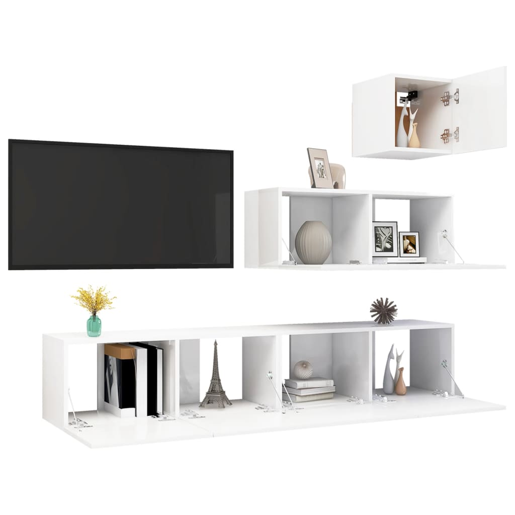 vidaXL 4 Piece TV Cabinet Set High Gloss White Engineered Wood