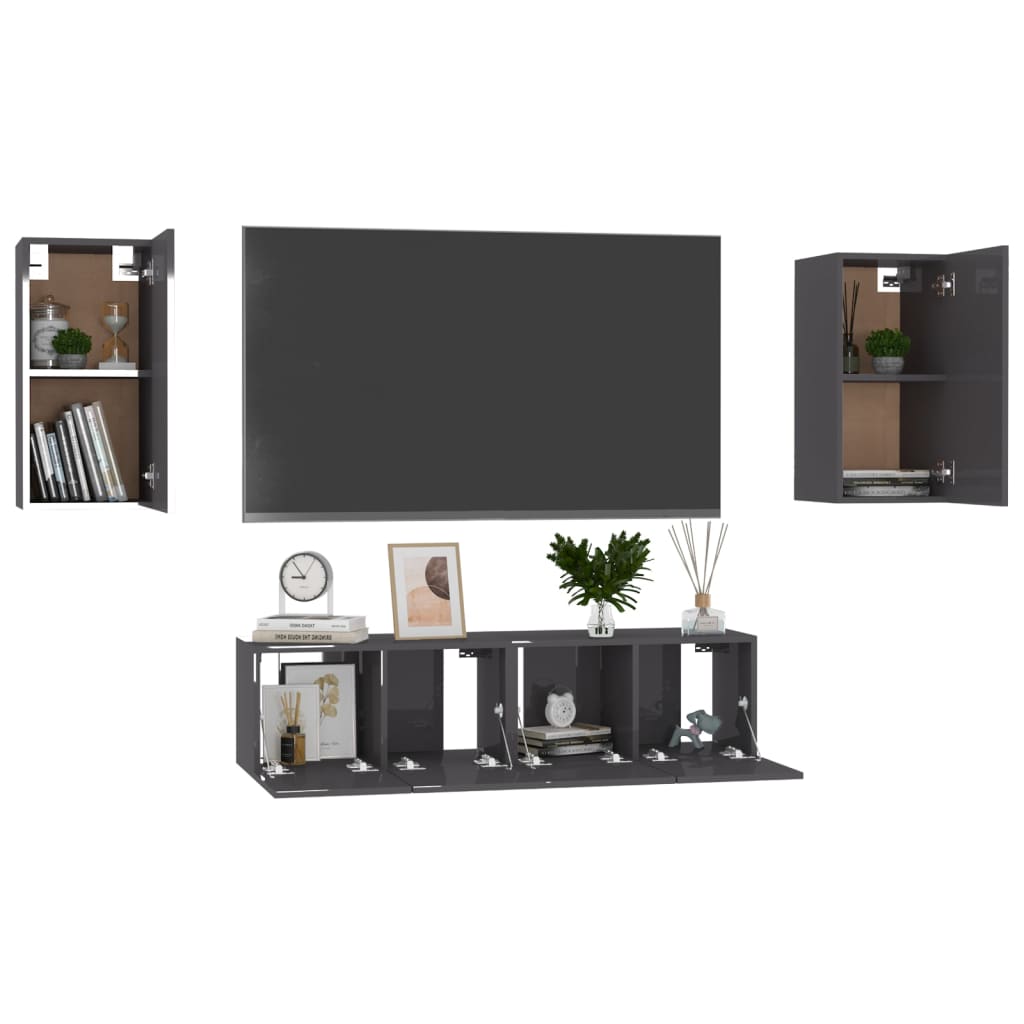 vidaXL 4 Piece TV Cabinet Set High Gloss Grey Engineered Wood