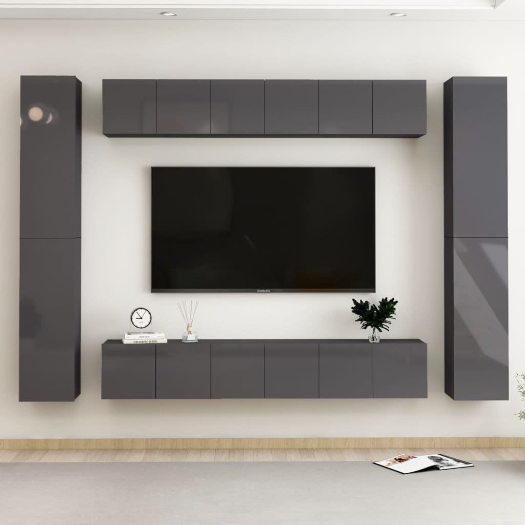 vidaXL 10 Piece TV Cabinet Set High Gloss Grey Engineered Wood