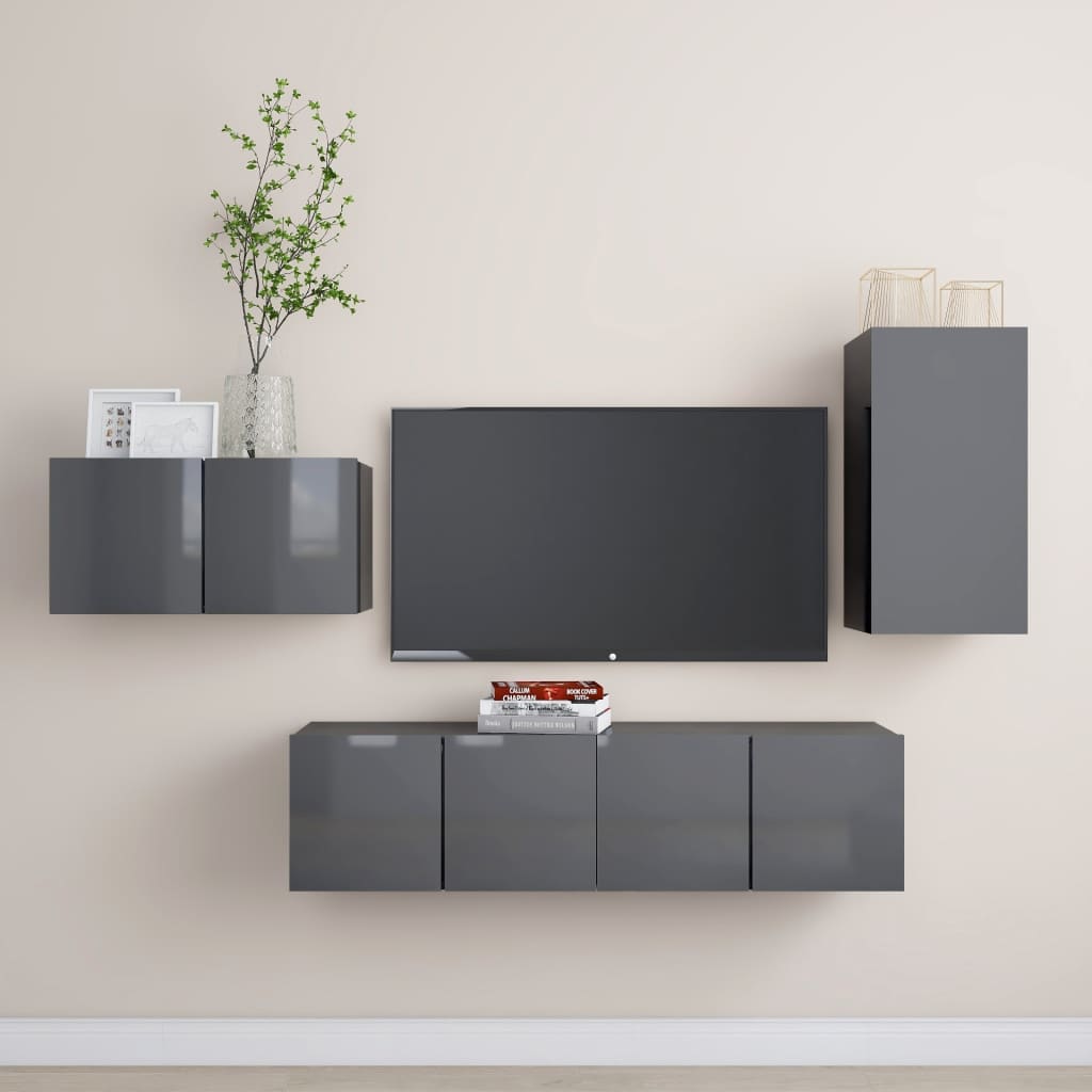 vidaXL 4 Piece TV Cabinet Set High Gloss Grey Engineered Wood