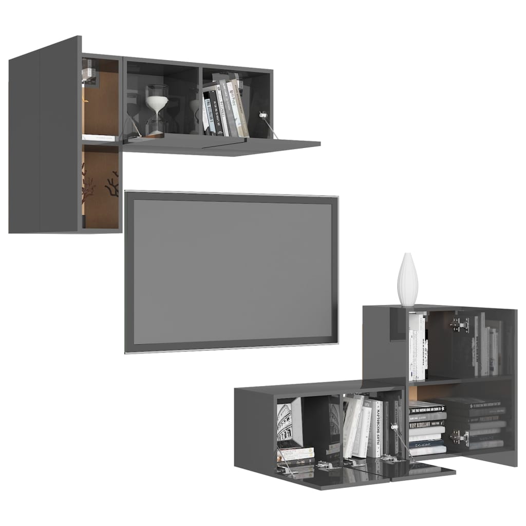 vidaXL 4 Piece TV Cabinet Set High Gloss Grey Engineered Wood