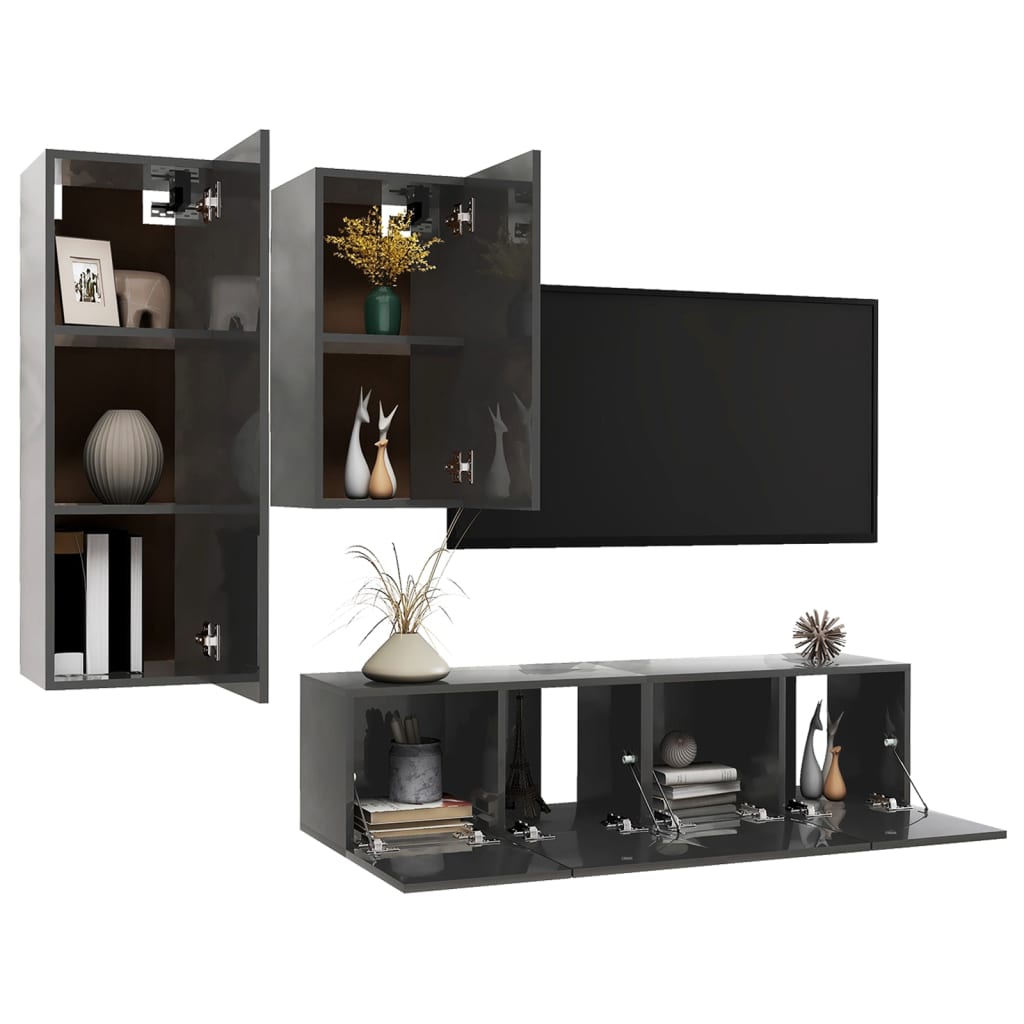 vidaXL 4 Piece TV Cabinet Set High Gloss Grey Engineered Wood