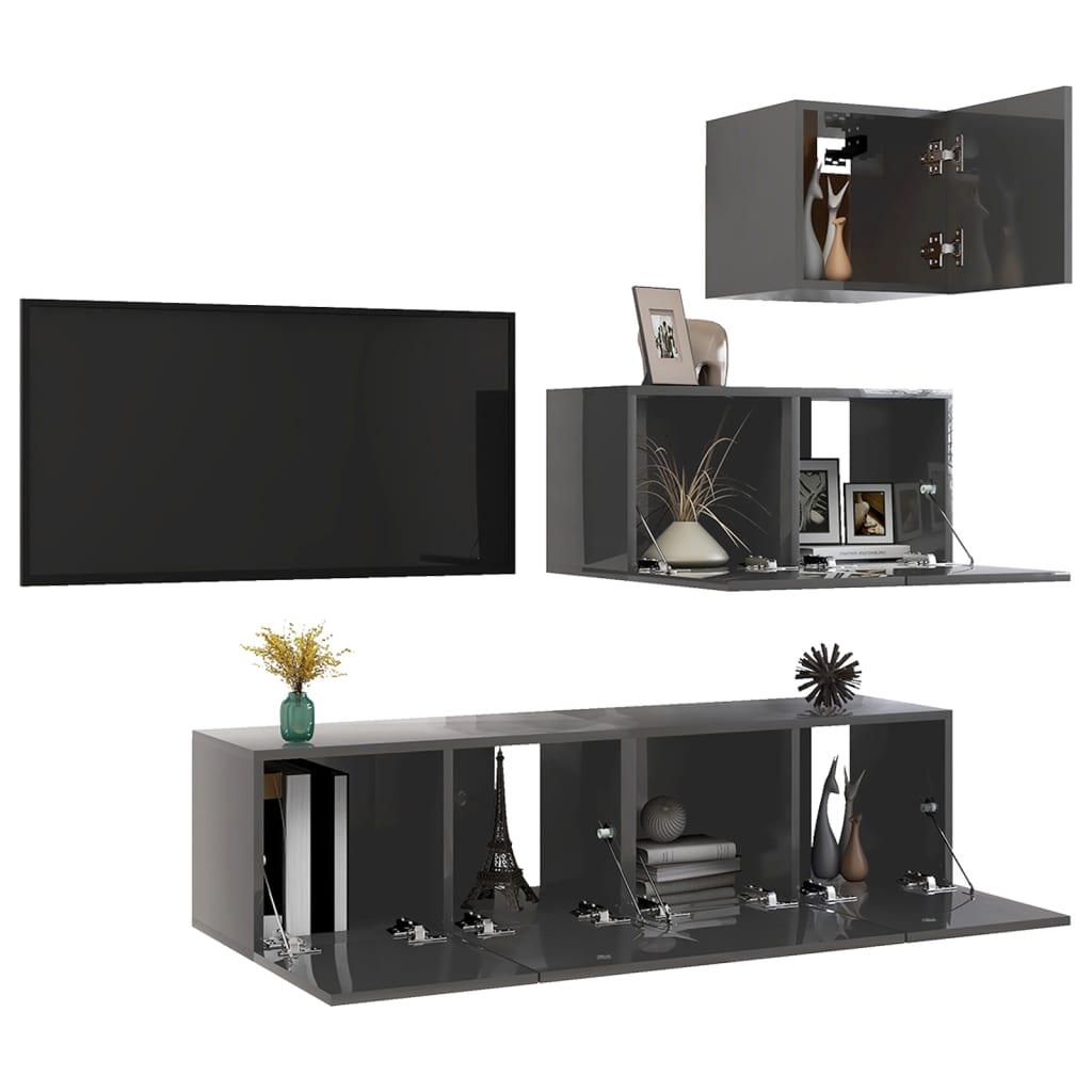 vidaXL 4 Piece TV Cabinet Set High Gloss Grey Engineered Wood