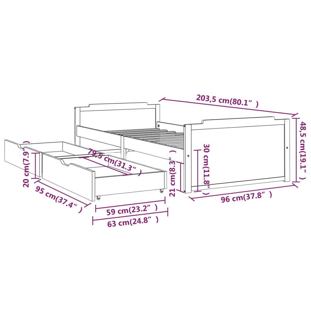 vidaXL Bed Frame without Mattress Dark Grey Solid Wood Pine 90x200 cm