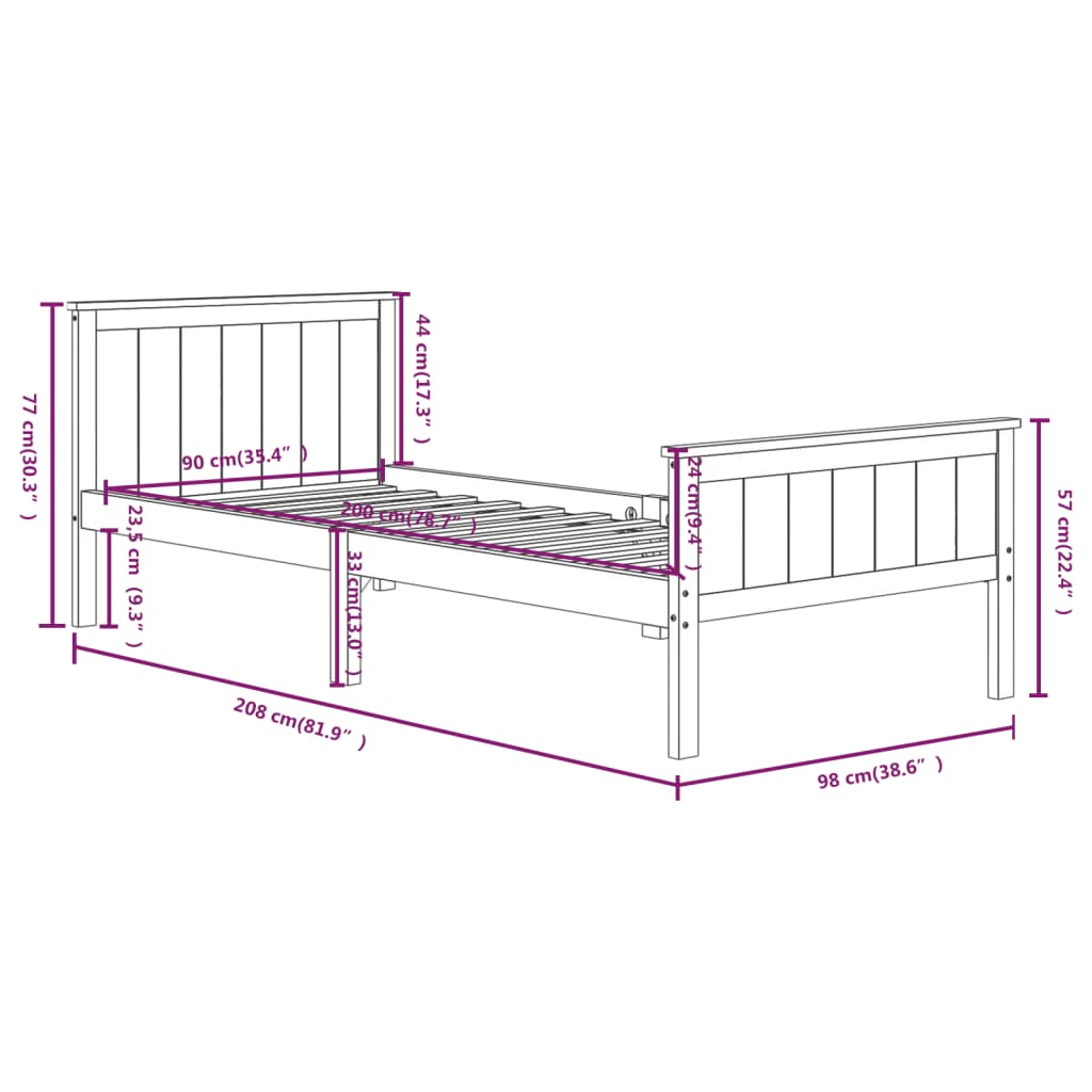 Bed Frame without Mattress Dark Brown Solid Wood Pine 90x200 cm