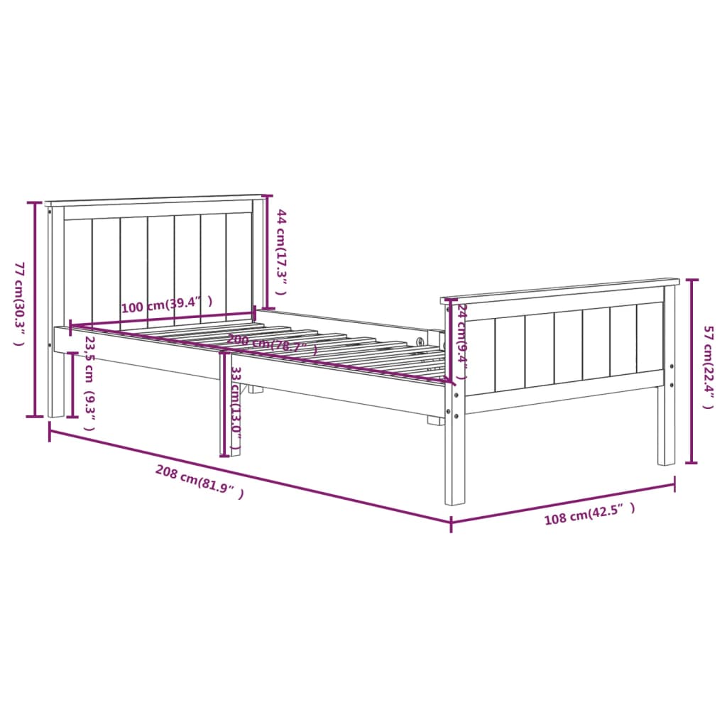 Bed Frame without Mattress Dark Brown Solid Wood Pine 100x200 cm