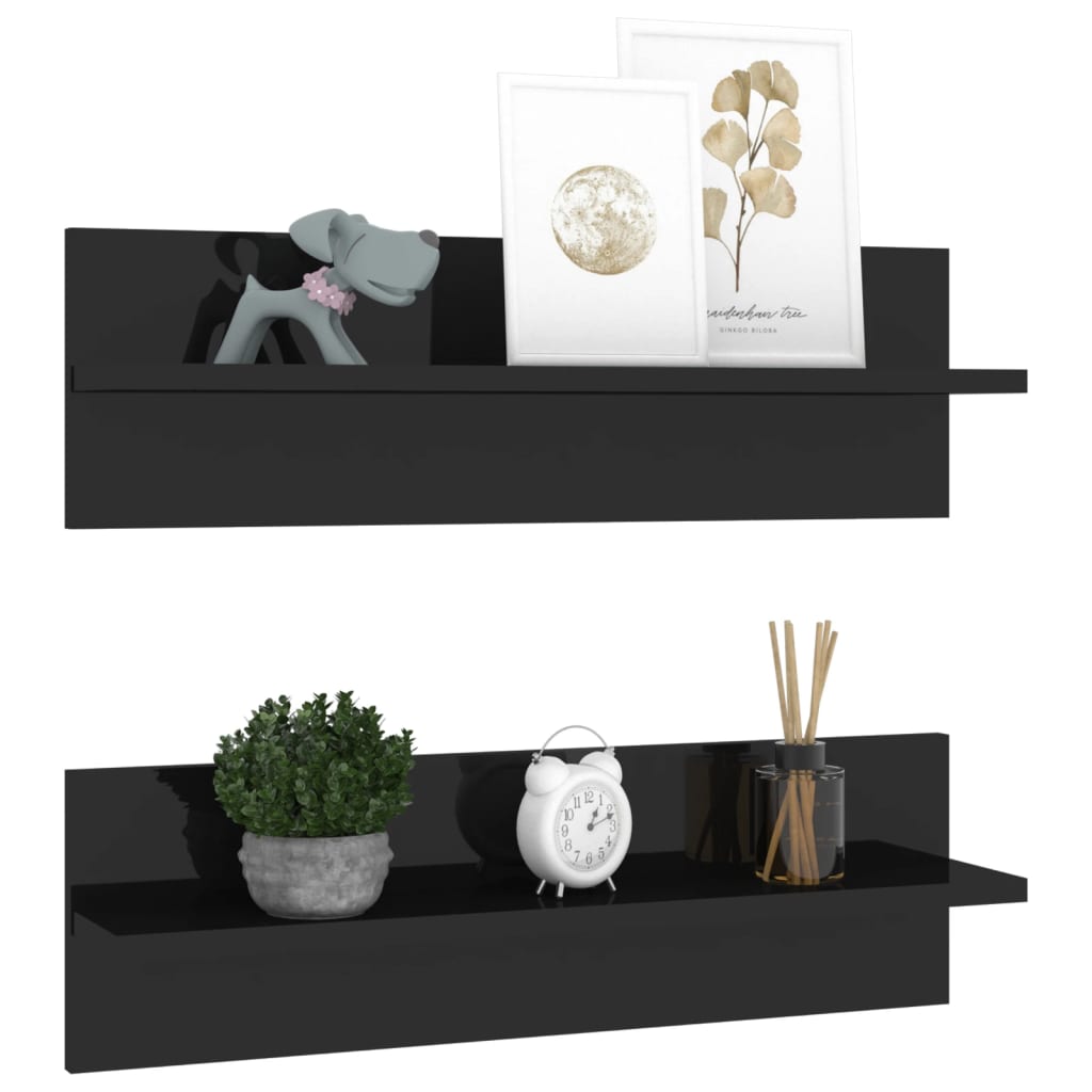 vidaXL Wall Shelf 2 pcs High Gloss Black 60x11.5x18cm Engineered Wood