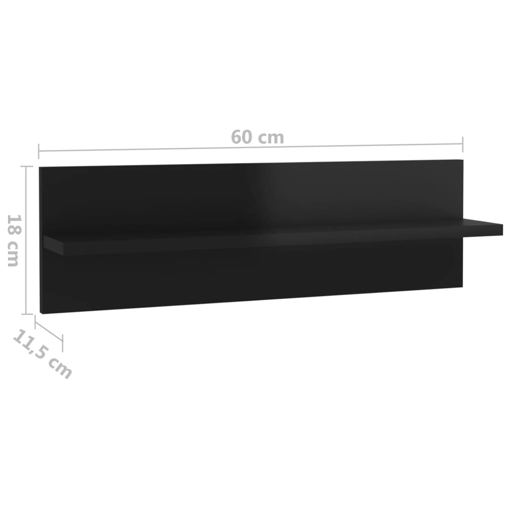 vidaXL Wall Shelf 2 pcs High Gloss Black 60x11.5x18cm Engineered Wood