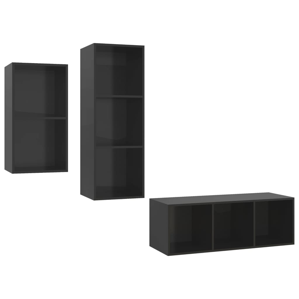 vidaXL 3 Piece TV Cabinet Set High Gloss Black Engineered Wood