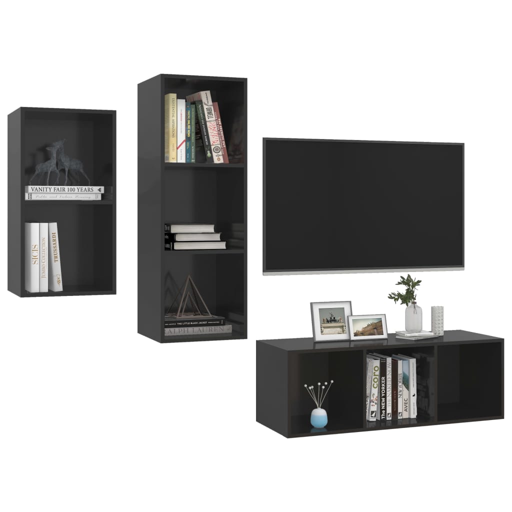 vidaXL 3 Piece TV Cabinet Set High Gloss Black Engineered Wood