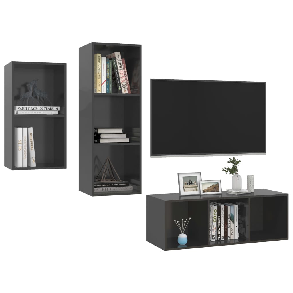 vidaXL 3 Piece TV Cabinet Set High Gloss Grey Engineered Wood