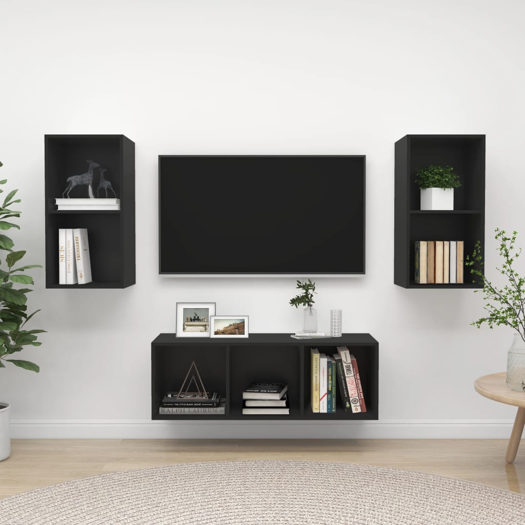 vidaXL 3 Piece TV Cabinet Set Black Engineered Wood