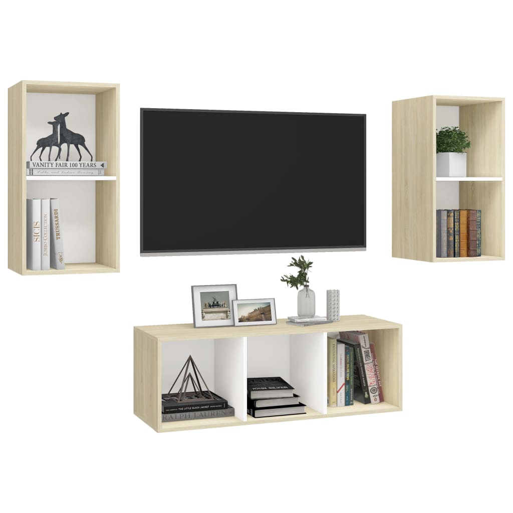 vidaXL 3 Piece TV Cabinet Set White and Sonoma Oak Engineered Wood