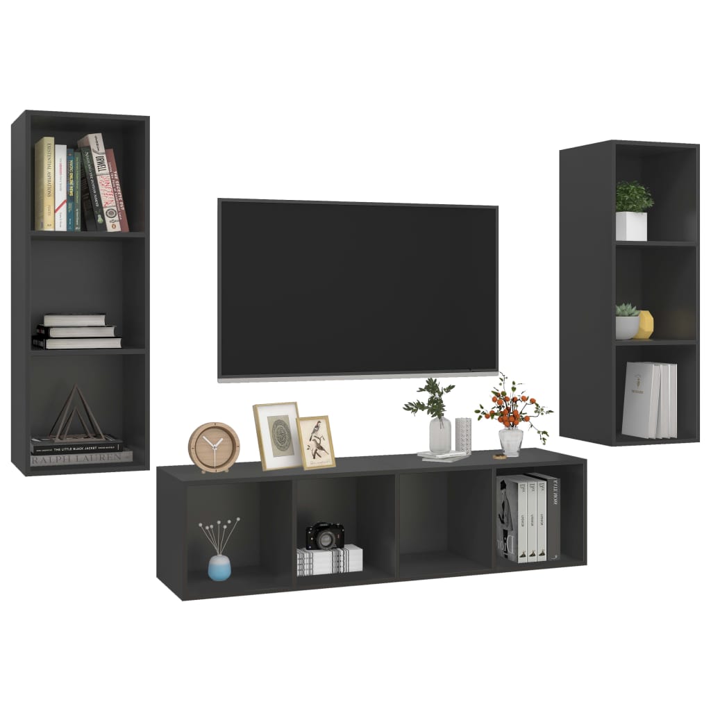 vidaXL 3 Piece TV Cabinet Set Grey Engineered Wood