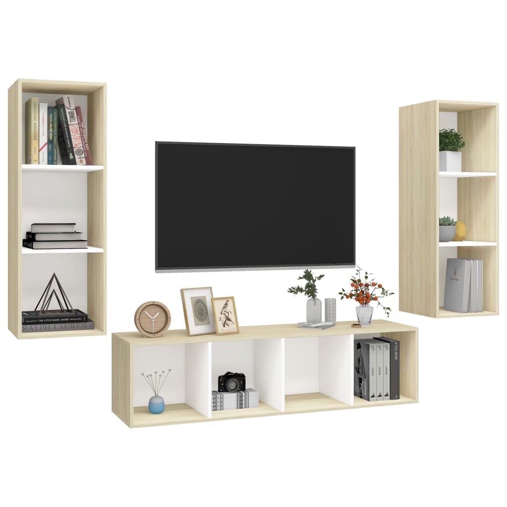 vidaXL 3 Piece TV Cabinet Set White and Sonoma Oak Engineered Wood