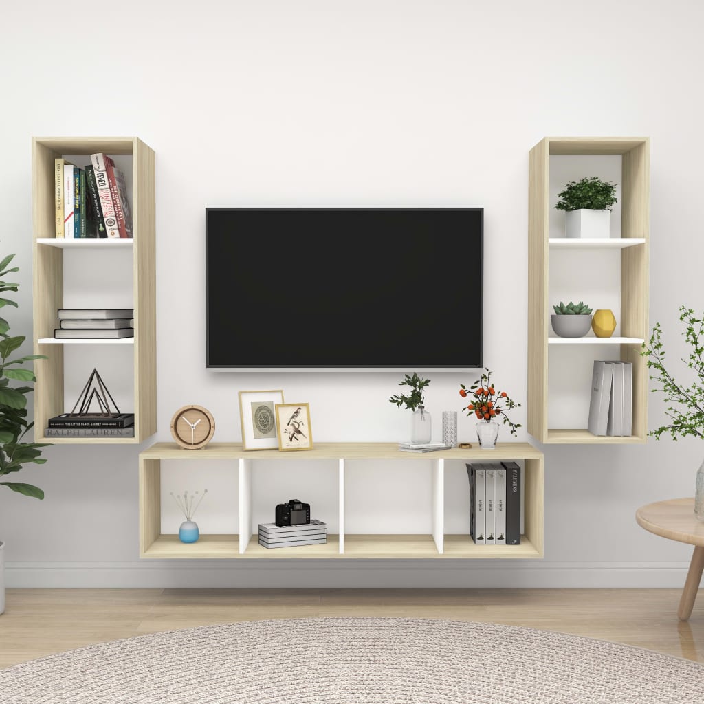 vidaXL 3 Piece TV Cabinet Set White and Sonoma Oak Engineered Wood