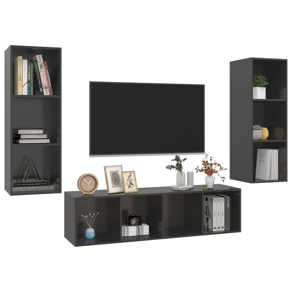 vidaXL 3 Piece TV Cabinet Set High Gloss Grey Engineered Wood
