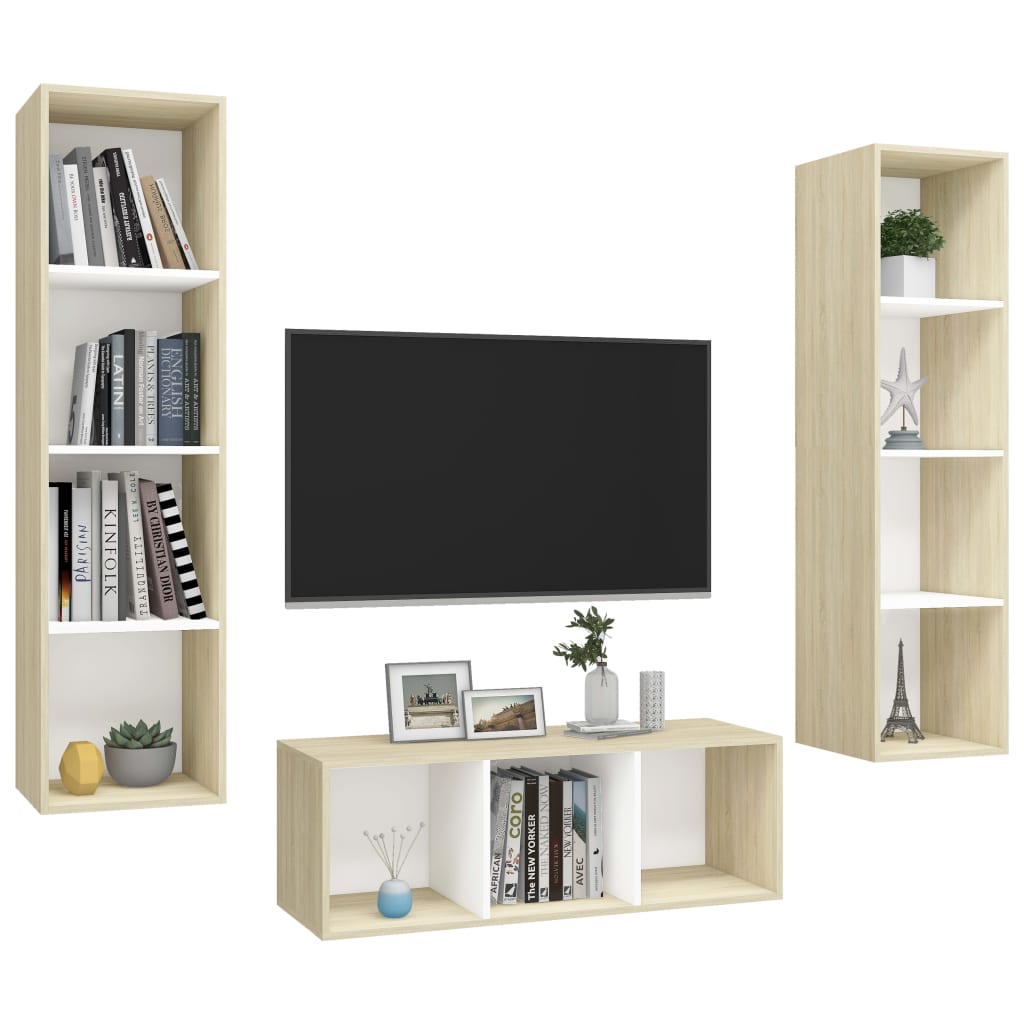 vidaXL 3 Piece TV Cabinet Set White and Sonoma Oak Engineered Wood