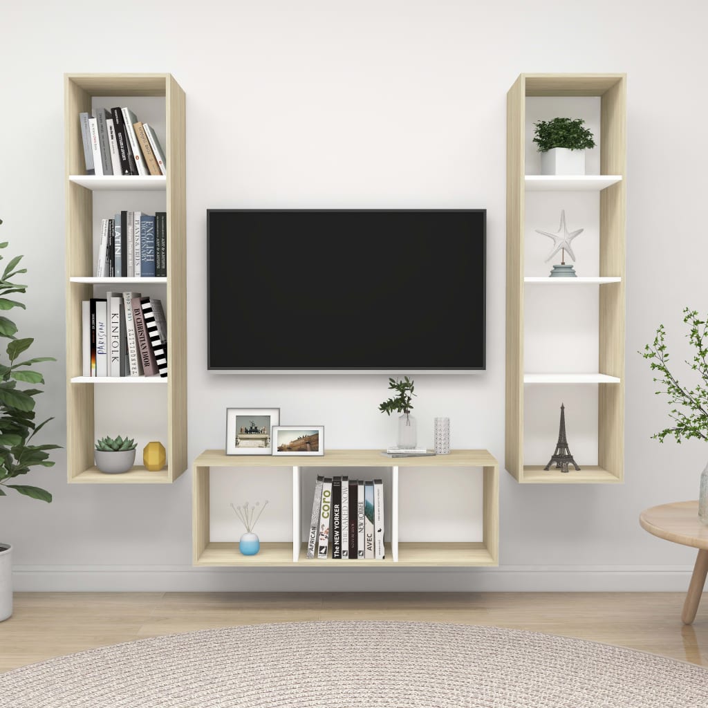 vidaXL 3 Piece TV Cabinet Set White and Sonoma Oak Engineered Wood