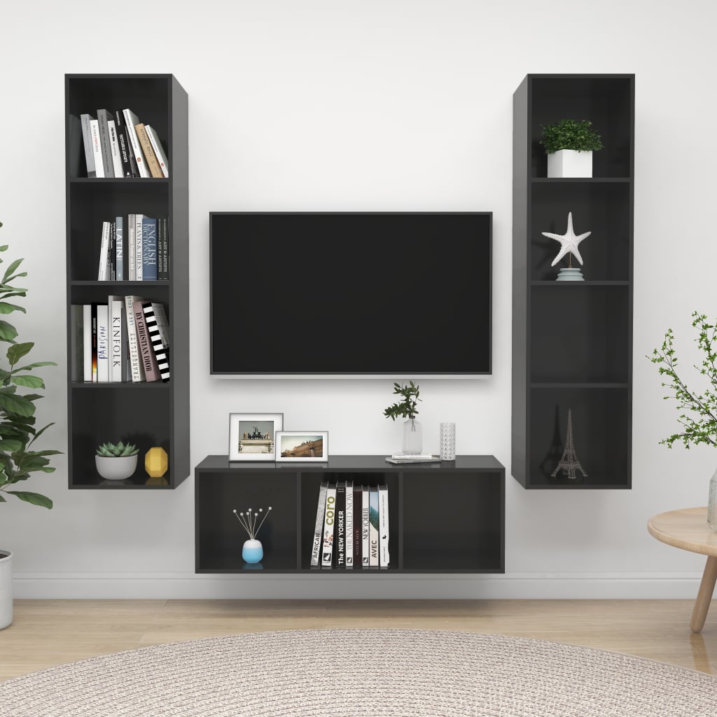 vidaXL 3 Piece TV Cabinet Set High Gloss Grey Engineered Wood