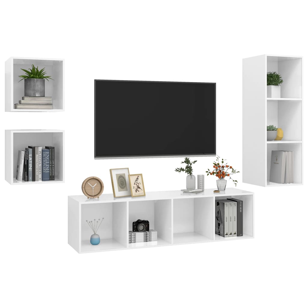 vidaXL 4 Piece TV Cabinet Set High Gloss White Engineered Wood