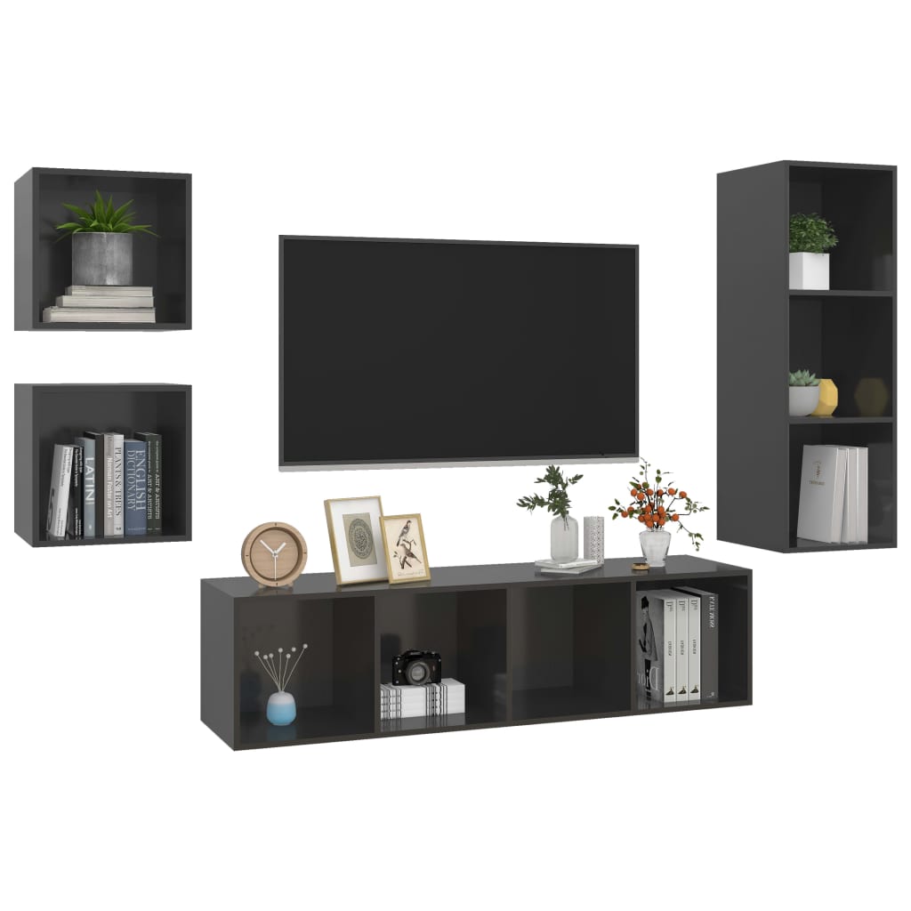 vidaXL 4 Piece TV Cabinet Set High Gloss Grey Engineered Wood