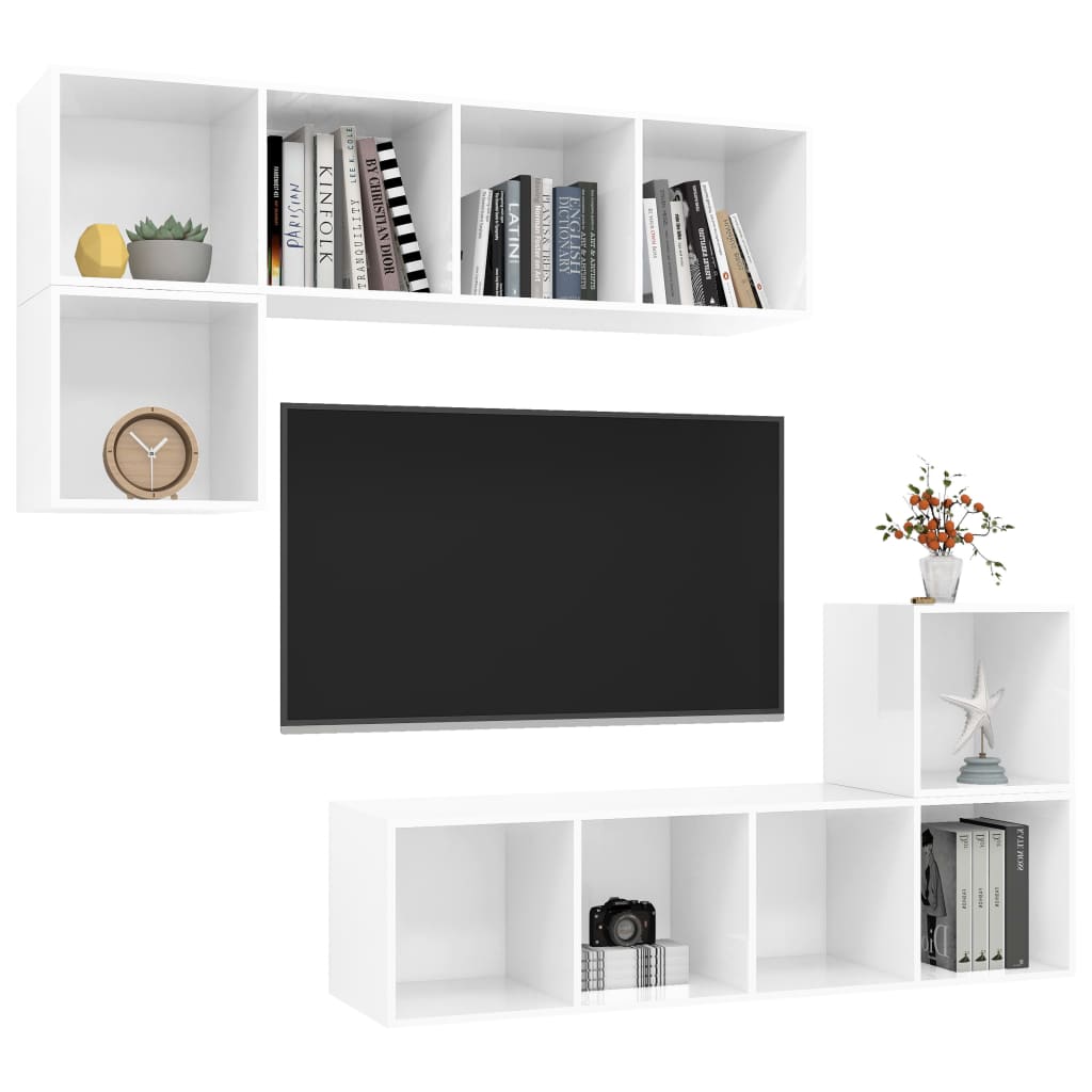 vidaXL 4 Piece TV Cabinet Set High Gloss White Engineered Wood