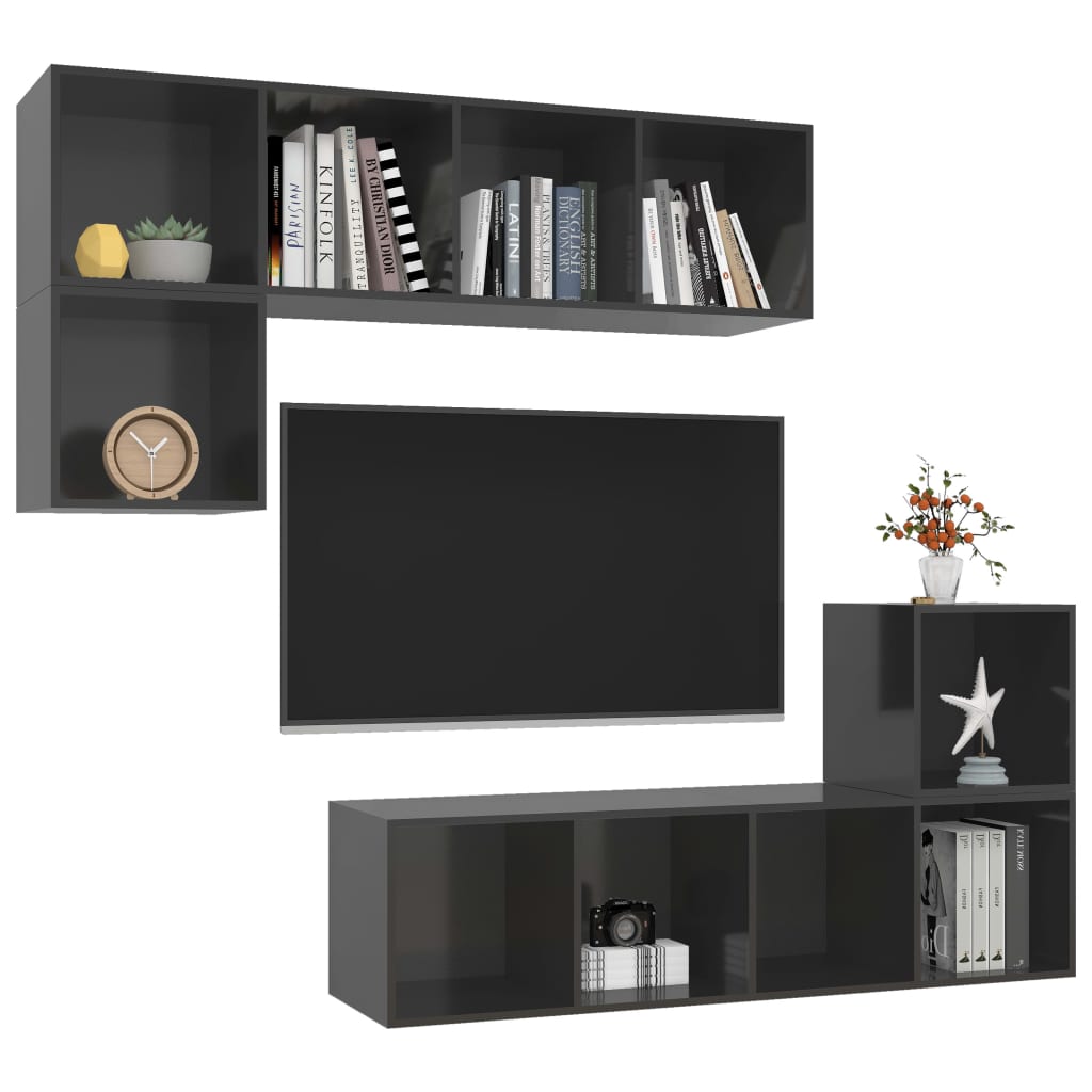 vidaXL 4 Piece TV Cabinet Set High Gloss Grey Engineered Wood