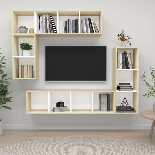 vidaXL 4 Piece TV Cabinet Set White and Sonoma Oak Engineered Wood