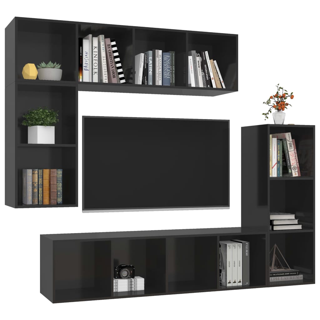 vidaXL 4 Piece TV Cabinet Set High Gloss Black Engineered Wood