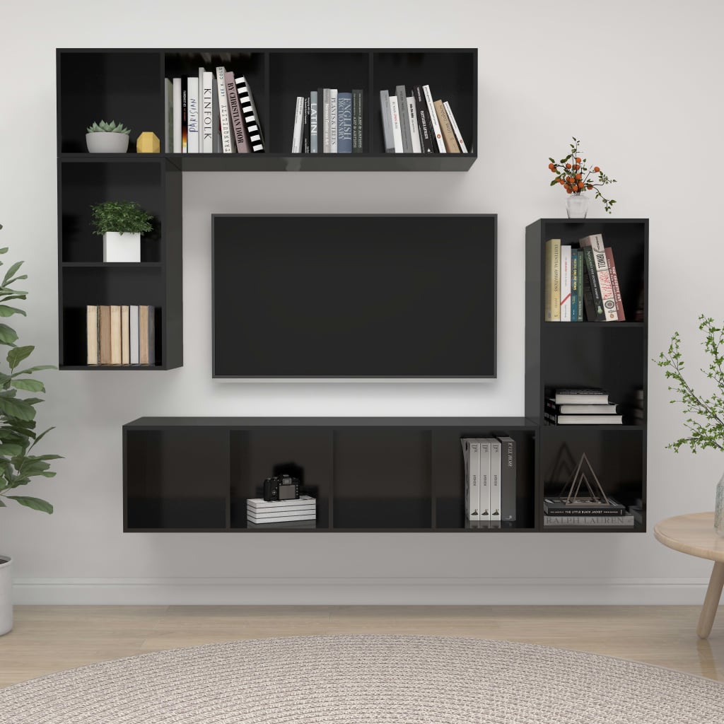 vidaXL 4 Piece TV Cabinet Set High Gloss Black Engineered Wood