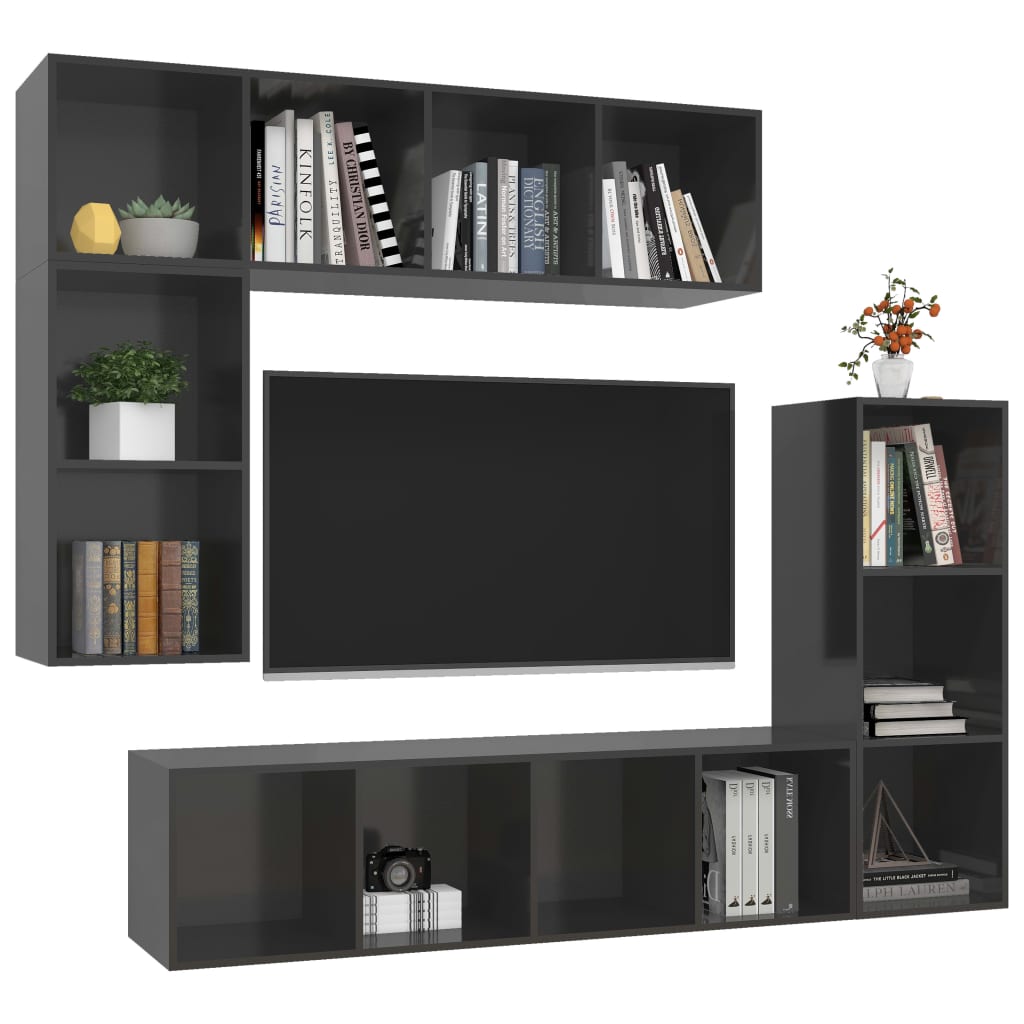 vidaXL 4 Piece TV Cabinet Set High Gloss Grey Engineered Wood