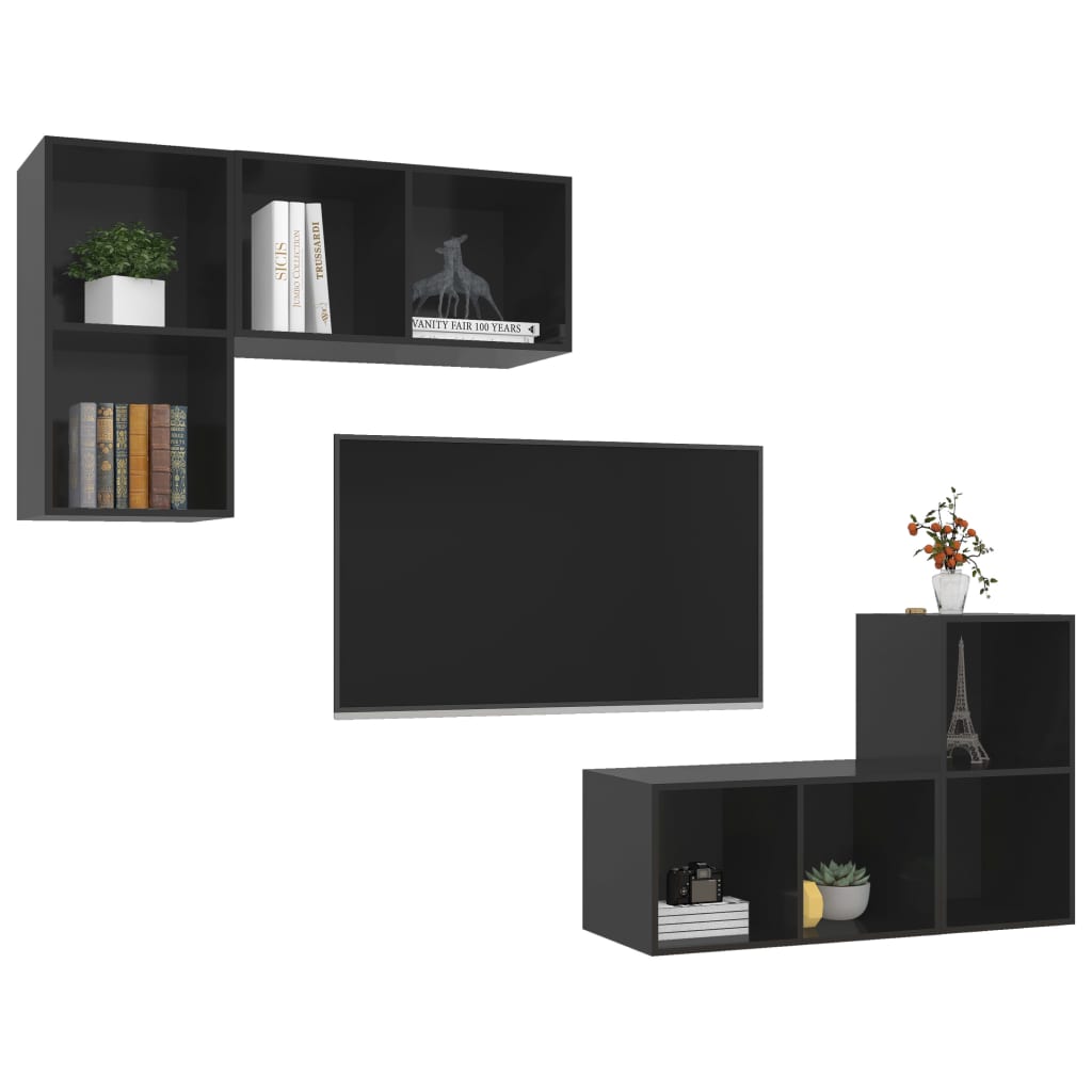 vidaXL Wall-mounted TV Cabinets 4 pcs High Gloss Black Engineered Wood