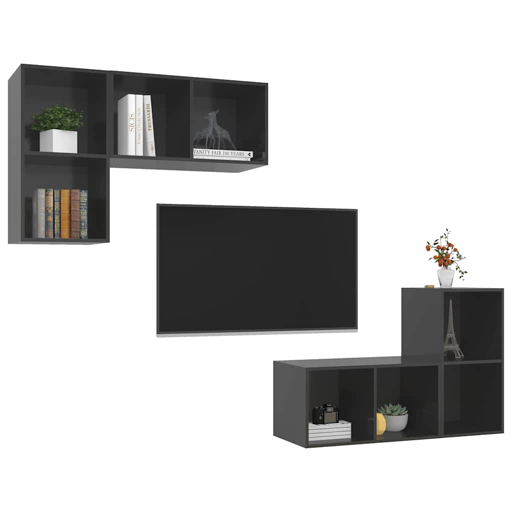 4 Piece Wall-mounted TV Cabinet Set High Gloss Grey Engineered Wood