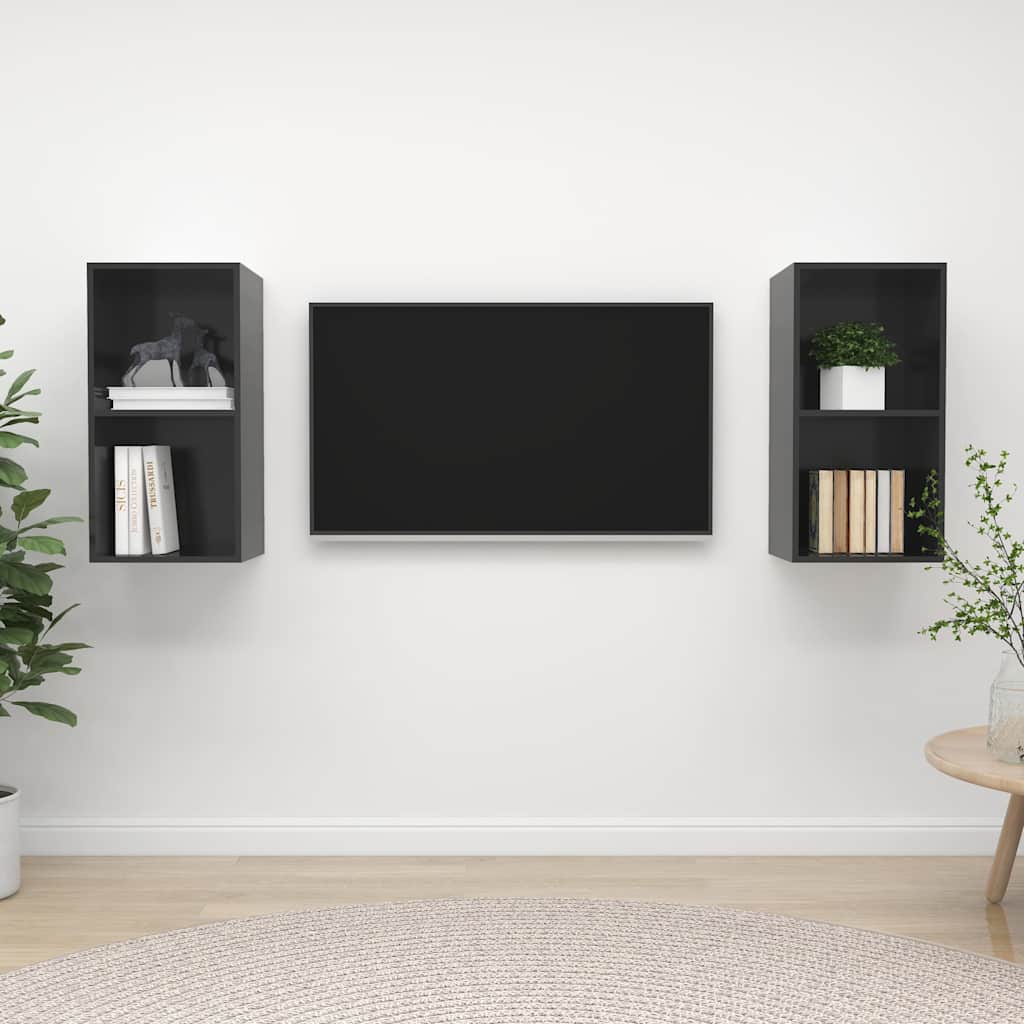 2 Piece Wall-mounted TV Cabinet Set High Gloss Grey Engineered Wood