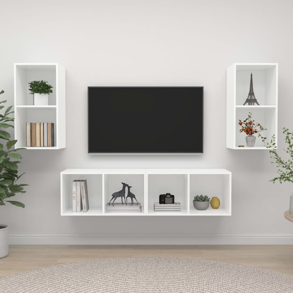 4 Piece Wall-mounted TV Cabinet Set White Engineered Wood