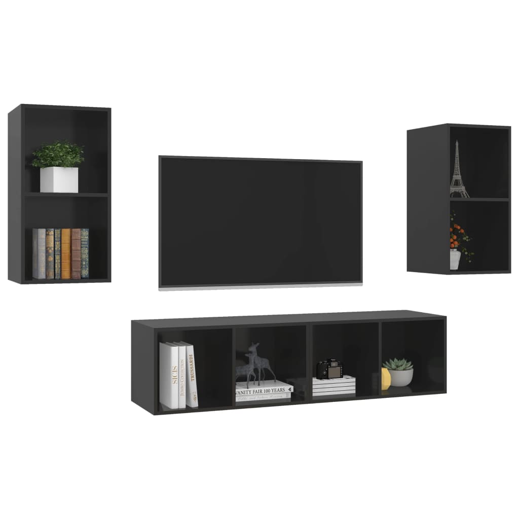 vidaXL Wall-mounted TV Cabinets 4 pcs High Gloss Black Engineered Wood