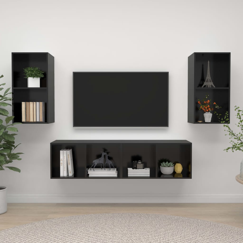 vidaXL Wall-mounted TV Cabinets 4 pcs High Gloss Black Engineered Wood