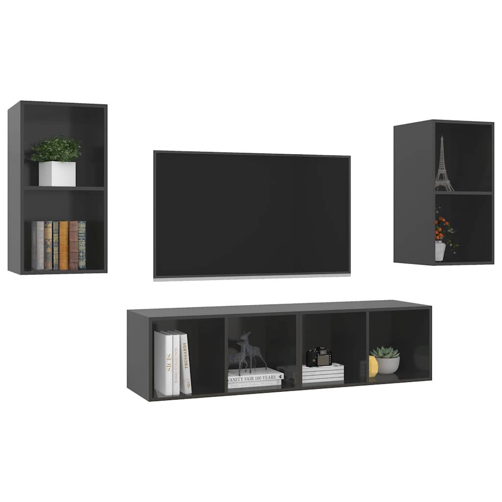 4 Piece Wall-mounted TV Cabinet Set High Gloss Grey Engineered Wood