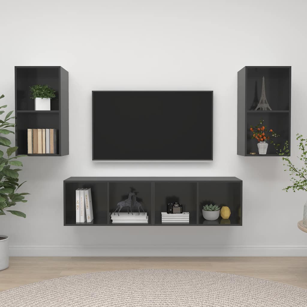 4 Piece Wall-mounted TV Cabinet Set High Gloss Grey Engineered Wood