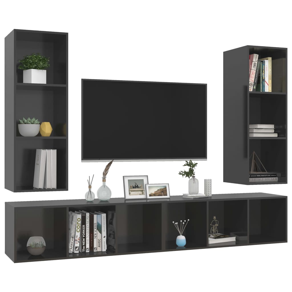 vidaXL Wall-mounted TV Cabinets 4 pcs High Gloss Grey Engineered Wood