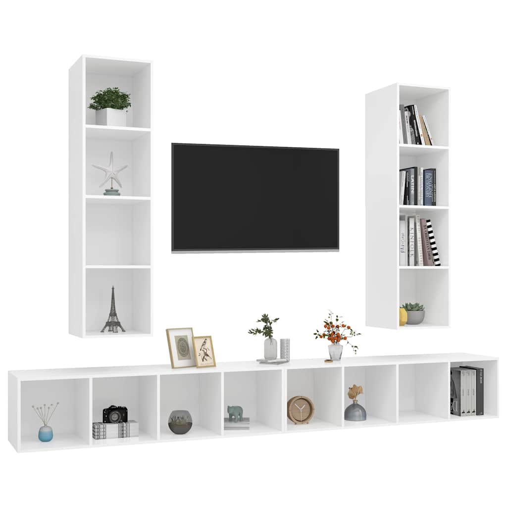 4 Piece Wall-mounted TV Cabinet Set White Engineered Wood