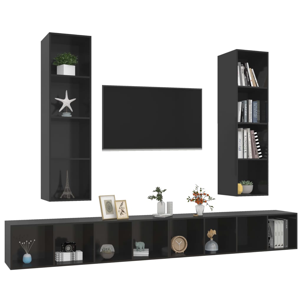 vidaXL Wall-mounted TV Cabinets 4 pcs High Gloss Black Engineered Wood