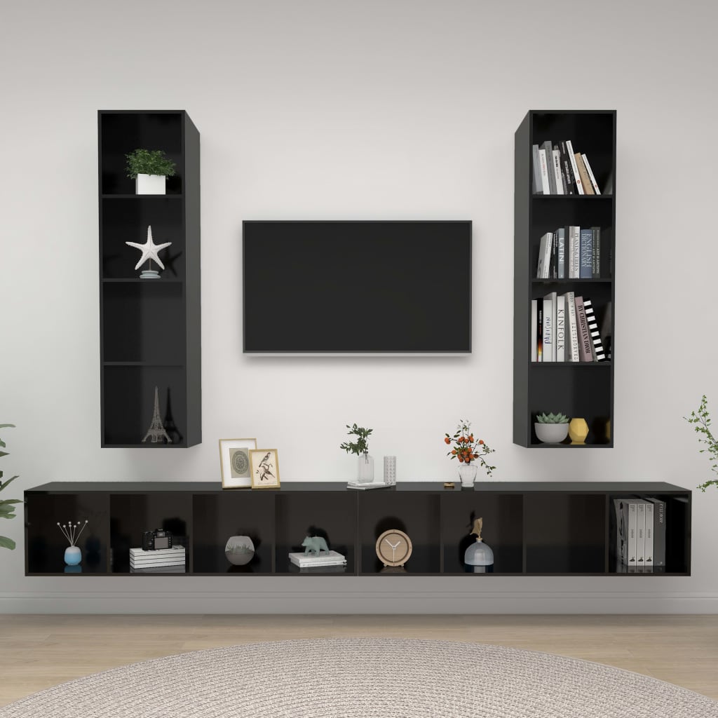 vidaXL Wall-mounted TV Cabinets 4 pcs High Gloss Black Engineered Wood