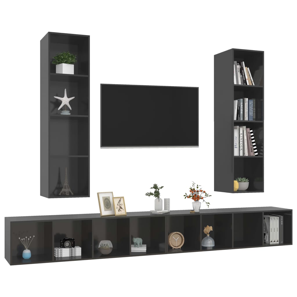 vidaXL Wall-mounted TV Cabinets 4 pcs High Gloss Grey Engineered Wood